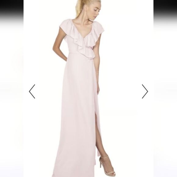 Ceremony by Joanna August Lola Blush Pink Ruffle Chiffon Wrap maxi Dress sz L - Picture 4 of 15